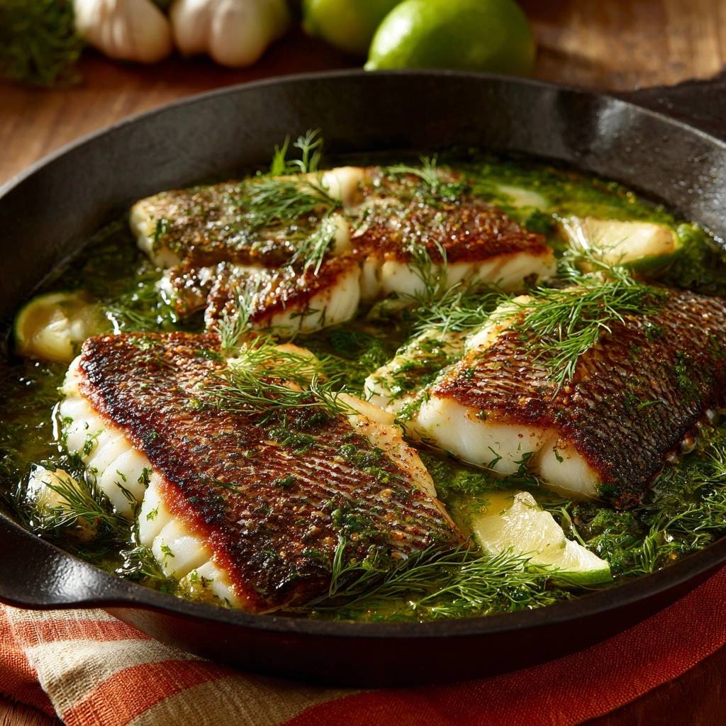 Gebratener Wolfsbarsch mit Kräuter-Limetten-Butter in einer Gusseisenpfanne, garniert mit frischem Dill und Limettenspalten.