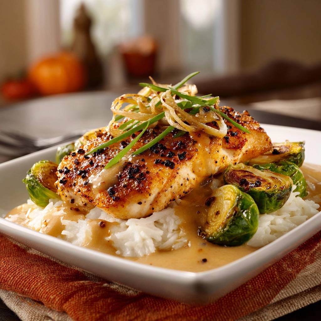 Gebratenes Fischfilet auf Reis mit Rosenkohl, serviert mit einer cremigen Sauce und garniert mit knuspriger Zwiebel und Schnittlauch.