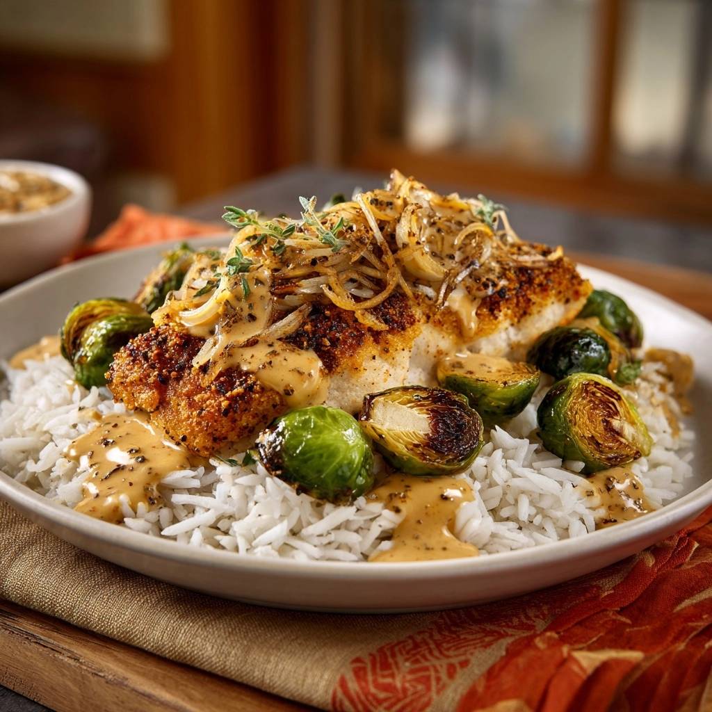Gebratenes Fischfilet auf Reis mit Rosenkohl, serviert mit einer cremigen Sauce und Röstzwiebeln, Nahaufnahme des Tellers.