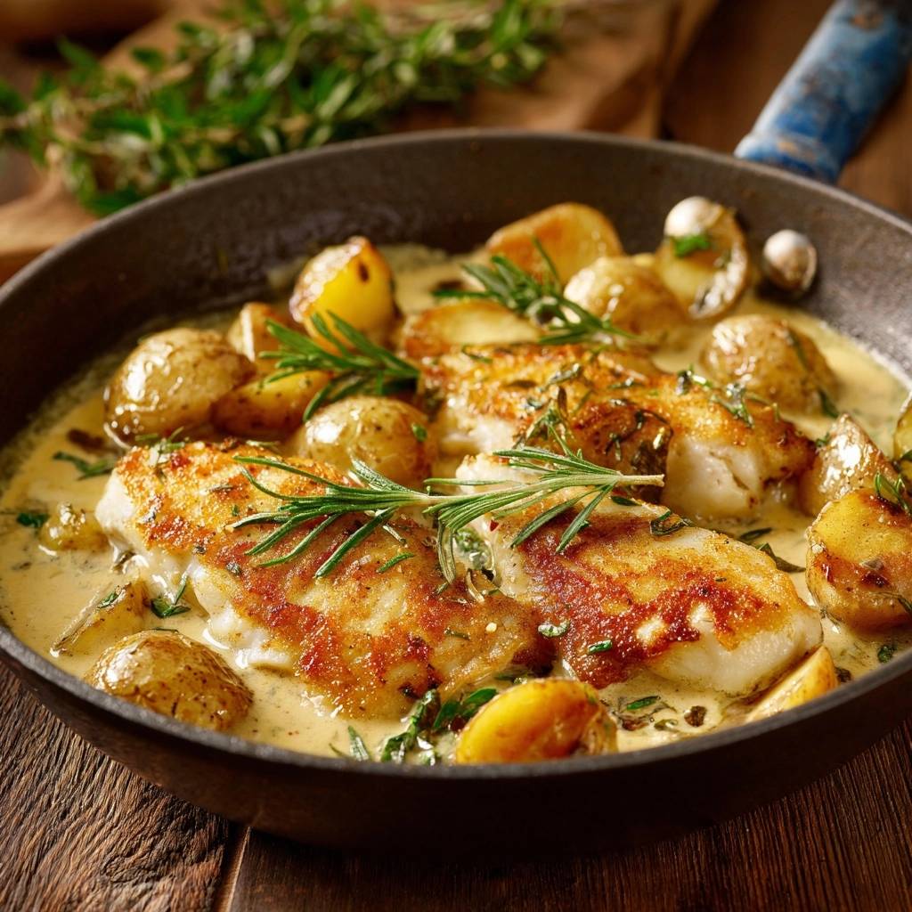 Gebratenes Kabeljaufilet auf Rahmkartoffeln, serviert in einer Pfanne und garniert mit frischem Rosmarin und Thymian.