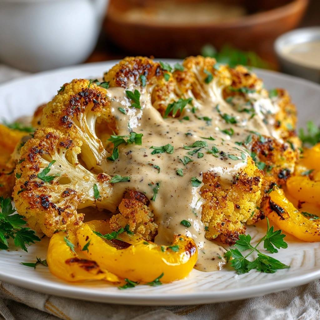 Gerösteter Blumenkohl-Steak mit cremiger Tahini-Sauce, serviert auf einem Teller mit gelben Paprikastücken und Petersilie.