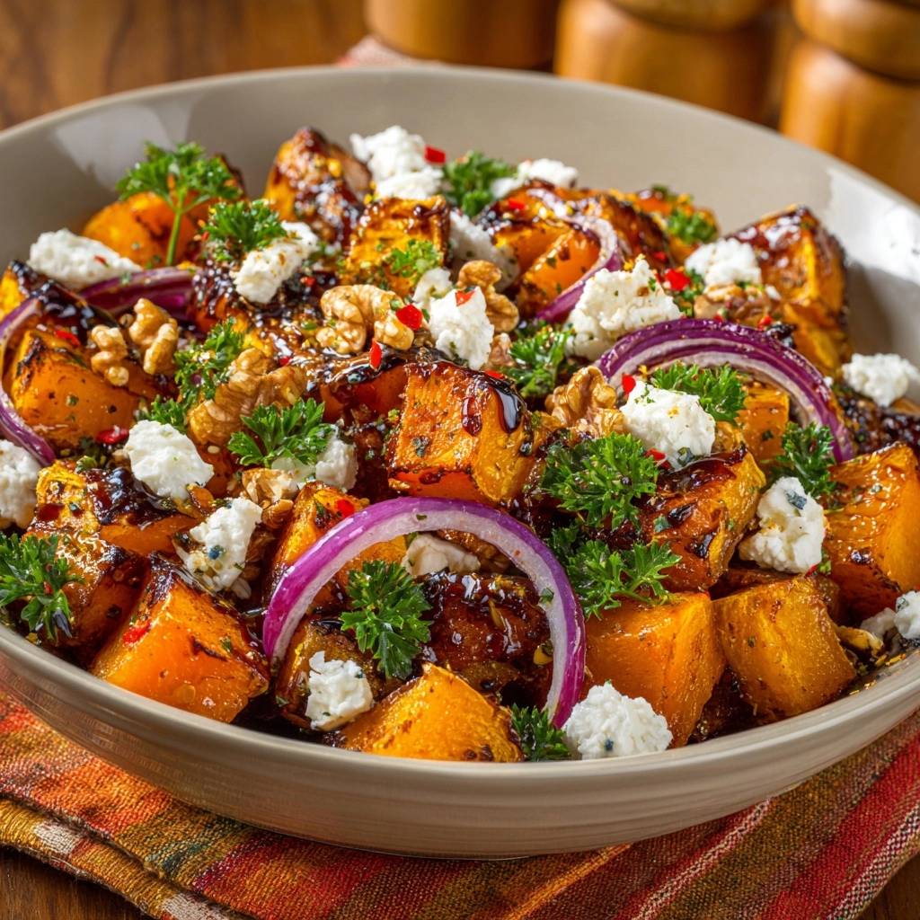 Gerösteter Kürbissalat mit Feta und Walnüssen, nahaufnahme der frischen Kräuter- und Käsegarntur auf dem warmen Gemüse.