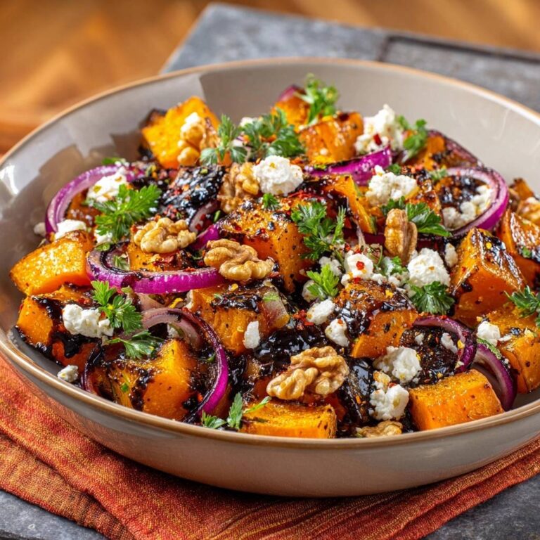 Gerösteter Kürbissalat mit Feta und Walnüssen, im Detail mit Balsamico-Glasur und frischer Petersilie garniert.