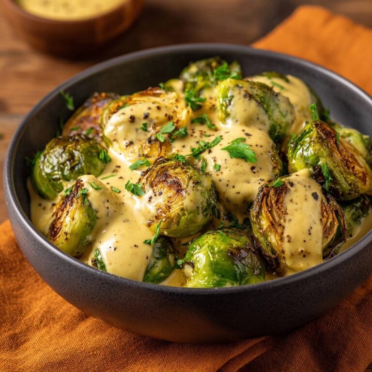 Gerösteter Rosenkohl mit cremiger Senf-Sauce, nahaufnahme der cremigen Sauce und gebratenen Röschen mit Petersilie garniert.