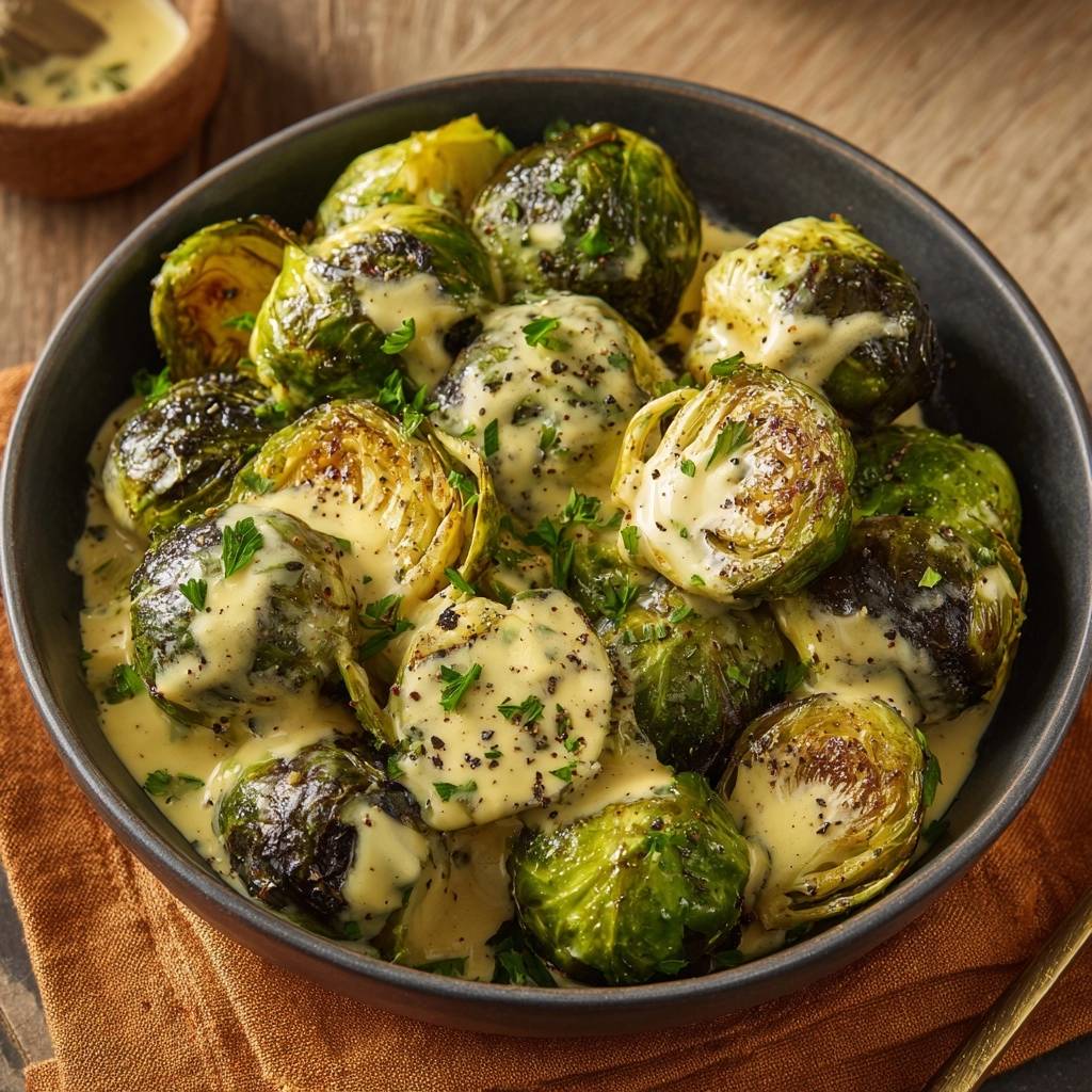 Gerösteter Rosenkohl mit cremiger Senf-Sauce, nahaufnahme der überzogenen Röschen mit gehackter Petersilie und Pfeffer bestreut.