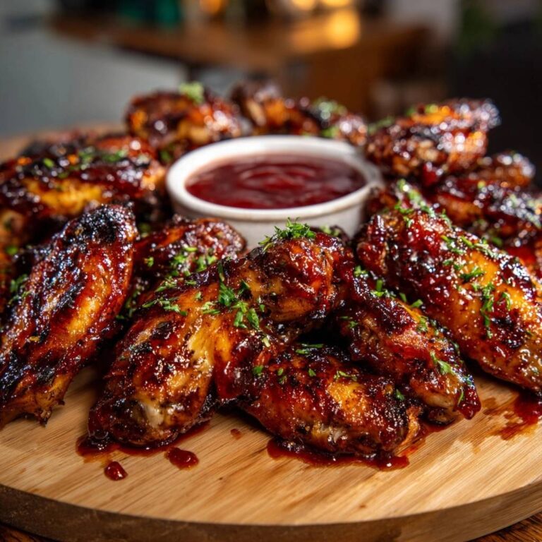 Glasierte BBQ Chicken Wings, garniert mit frischer Petersilie, auf einem Holzbrett mit Dip-Schale.