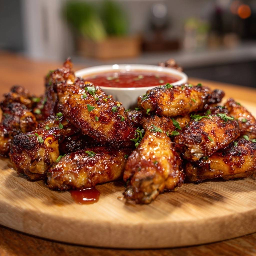 Glasierte BBQ Chicken Wings mit frischen Kräutern garniert, nahaufnahme der glänzenden Oberfläche und des saftigen Fleisches.