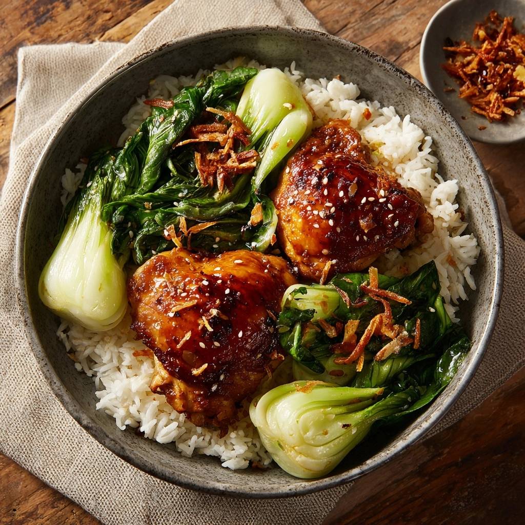 Glasierte Hähnchenschenkel mit Pak Choi, serviert über Reis und garniert mit knusprigen Röstzwiebeln und Sesam.