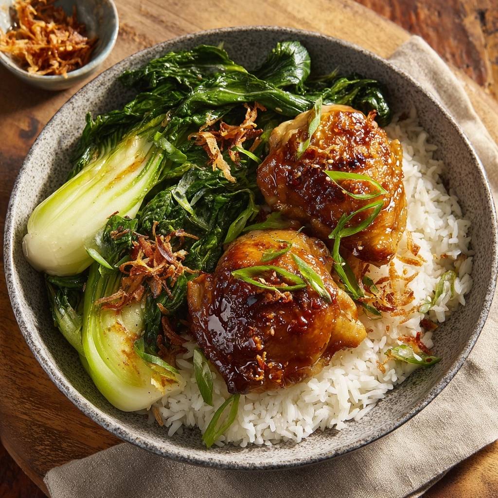 Glasierte Hähnchenschenkel mit Pak Choi, serviert auf Reis mit Frühlingszwiebeln und Röstzwiebeln, in einer Nahaufnahme.