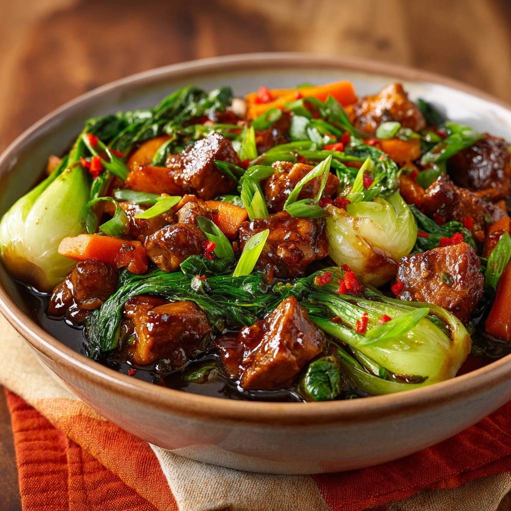 Glasierte Rindfleisch-Wokpfanne mit Pak Choi, nahaufnahme der glasierten Rindfleischstücke und knackigem Gemüse.