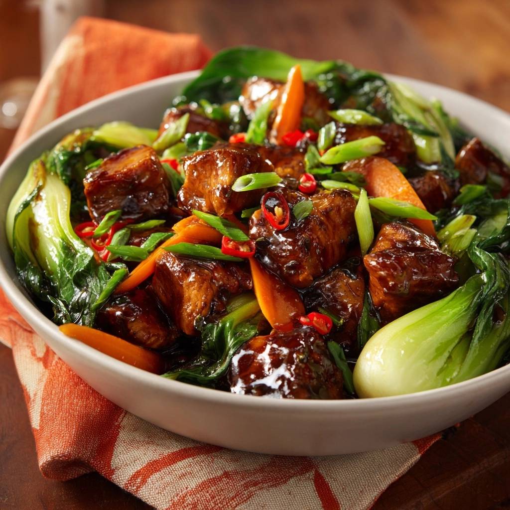Glasierte Rindfleisch-Wokpfanne mit Pak Choi in Schüssel mit Nahaufnahme der glänzenden Fleischstücke und knackigem Gemüse.
