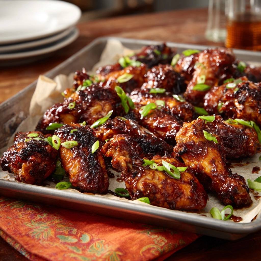 Glasierte sticky chicken wings von oben mit frischen Frühlingszwiebeln garniert auf einem Backblech