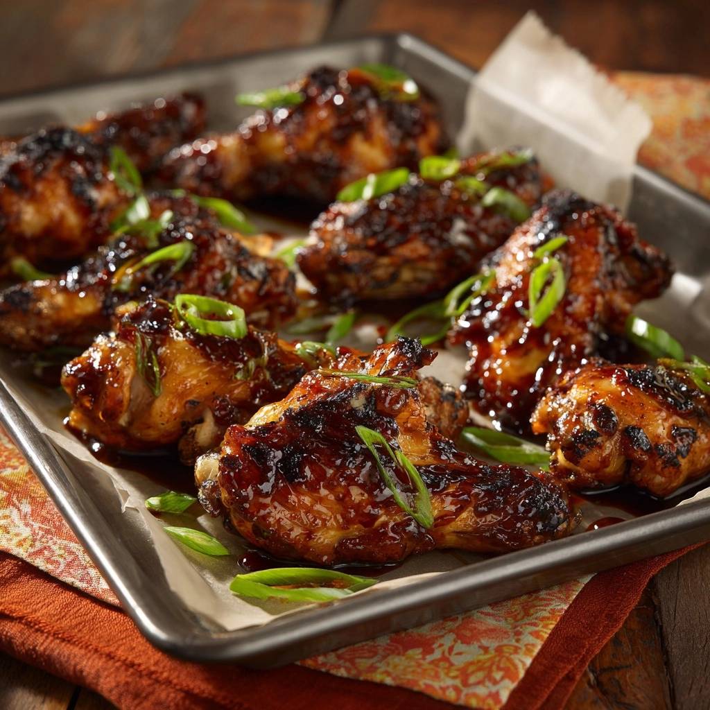 Glasierte Sticky Chicken Wings, garniert mit geschnittenen Frühlingszwiebeln auf einem Backblech kurz vor dem Servieren.