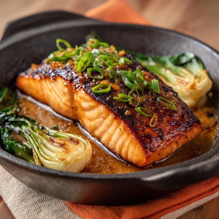 Glasierter Lachs aus der Gusseisenpfanne, garniert mit Frühlingszwiebeln und serviert mit Bok Choy in einer Pfanne.