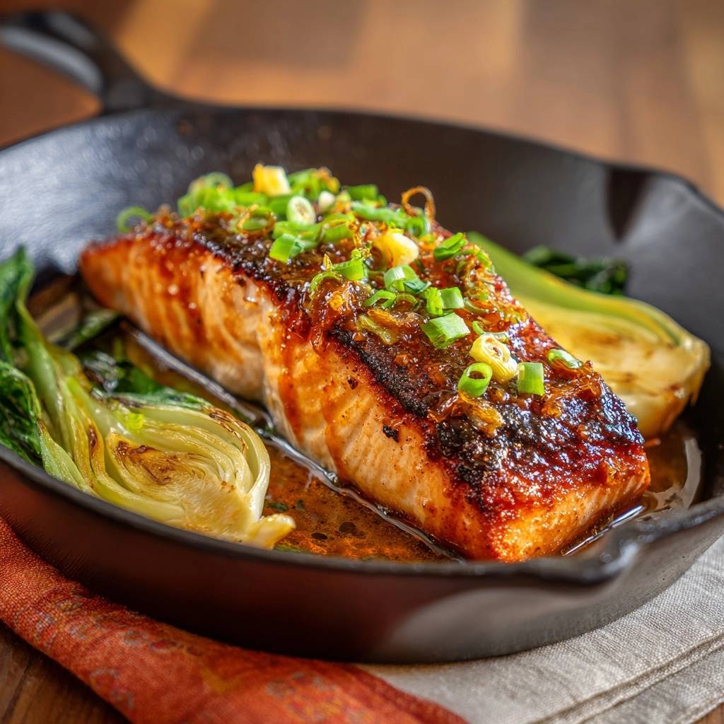 Glasierter Lachs aus der Gusseisenpfanne, detailreich mit Frühlingszwiebeln und glänzender Glasur garniert.