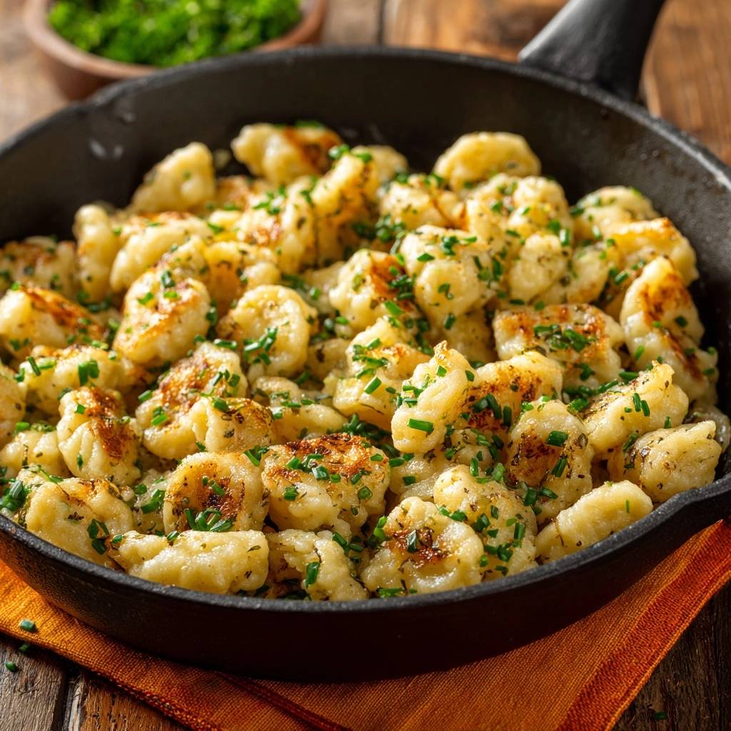 Goldbraun gebratene Gnocchi-Pfanne im Detail mit frischer Schnittlauch-Garnitur auf einem Gusseisenblech.
