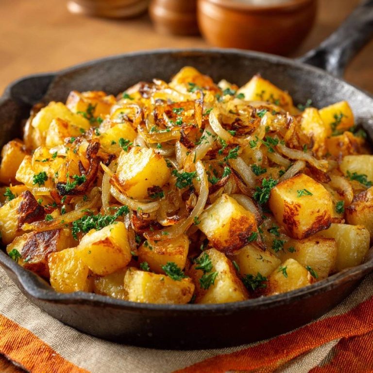 Goldbraune Bratkartoffeln mit Zwiebeln als Nahaufnahme in einer gusseisernen Pfanne, garniert mit Petersilie.