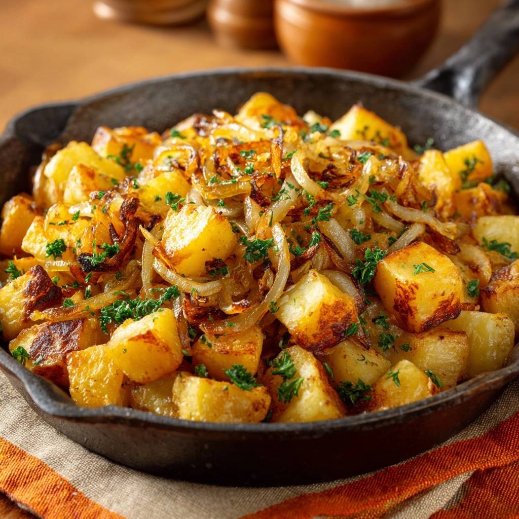 Goldbraune Bratkartoffeln mit Zwiebeln als Nahaufnahme in einer gusseisernen Pfanne, garniert mit Petersilie.