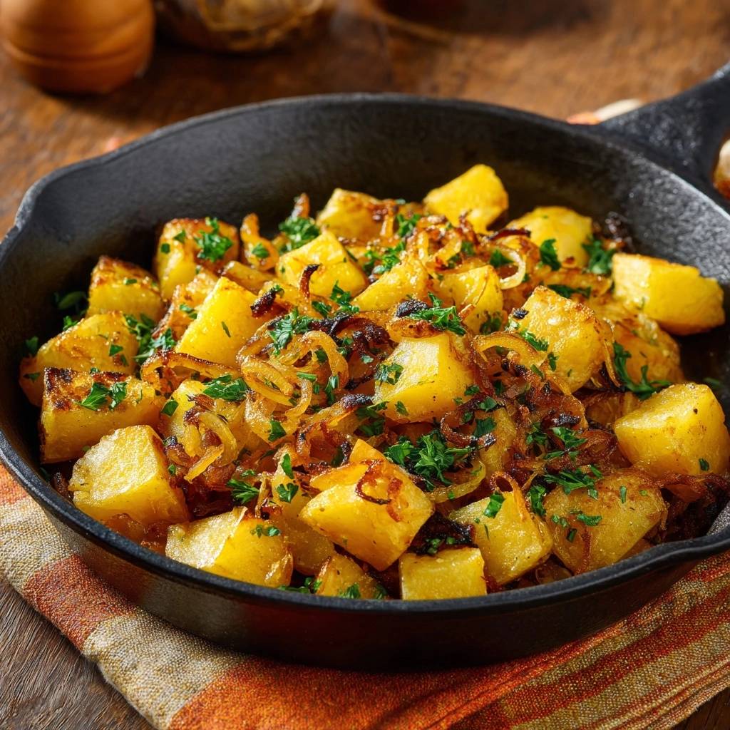 Goldbraune Bratkartoffeln mit Zwiebeln, kross gebraten und mit frischer Petersilie garniert in einer Gusseisenpfanne.