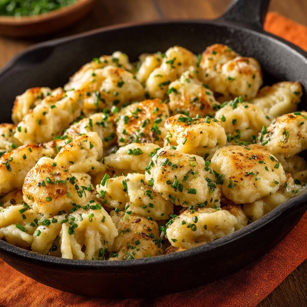 Goldbraun gebratene Gnocchi-Pfanne mit frischen Kräutern garniert, serviert in einer Gusseisenpfanne.