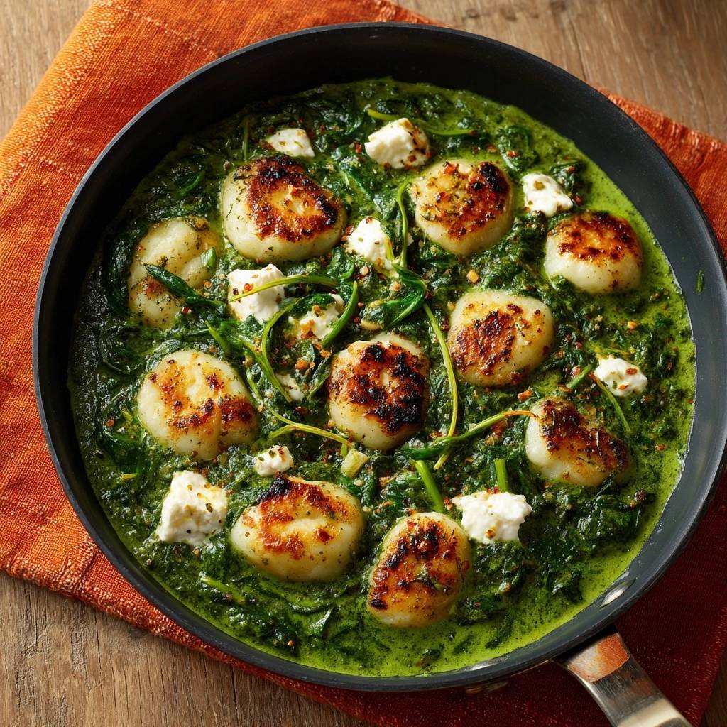 Goldbraune Gnocchi-Pfanne auf Rahmspinat, serviert in einer schwarzen Pfanne mit zerbröseltem Käse.