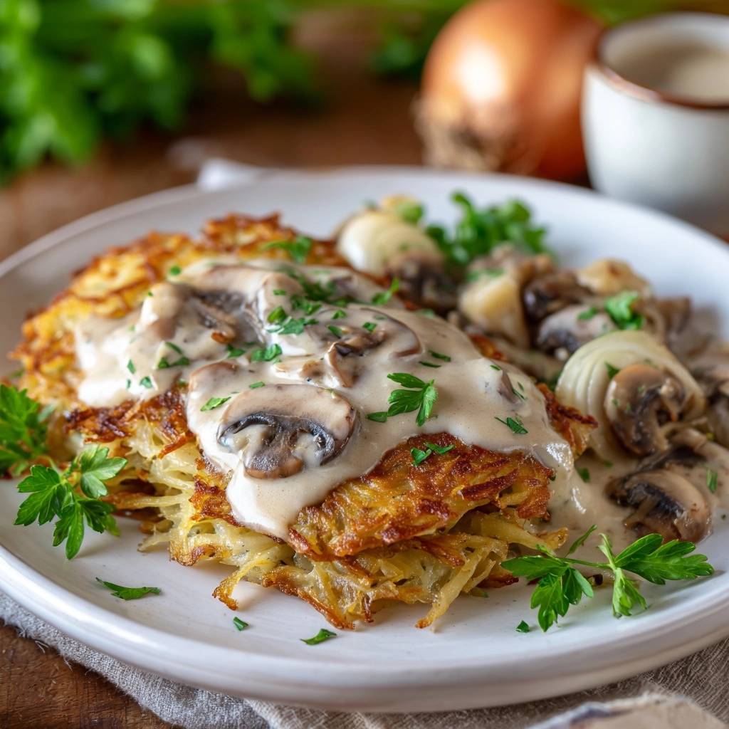 Goldbraune Kartoffel-Rösti mit cremiger Pilzsauce, serviert auf einem Teller mit frischer Petersilie garniert.