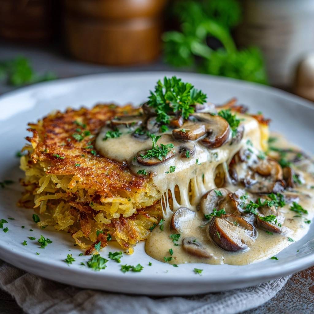 Goldbraune Kartoffel-Rösti mit cremiger Pilzsauce, bei der geschmolzener Käse sichtbar herausläuft und die Pilze bedeckt.