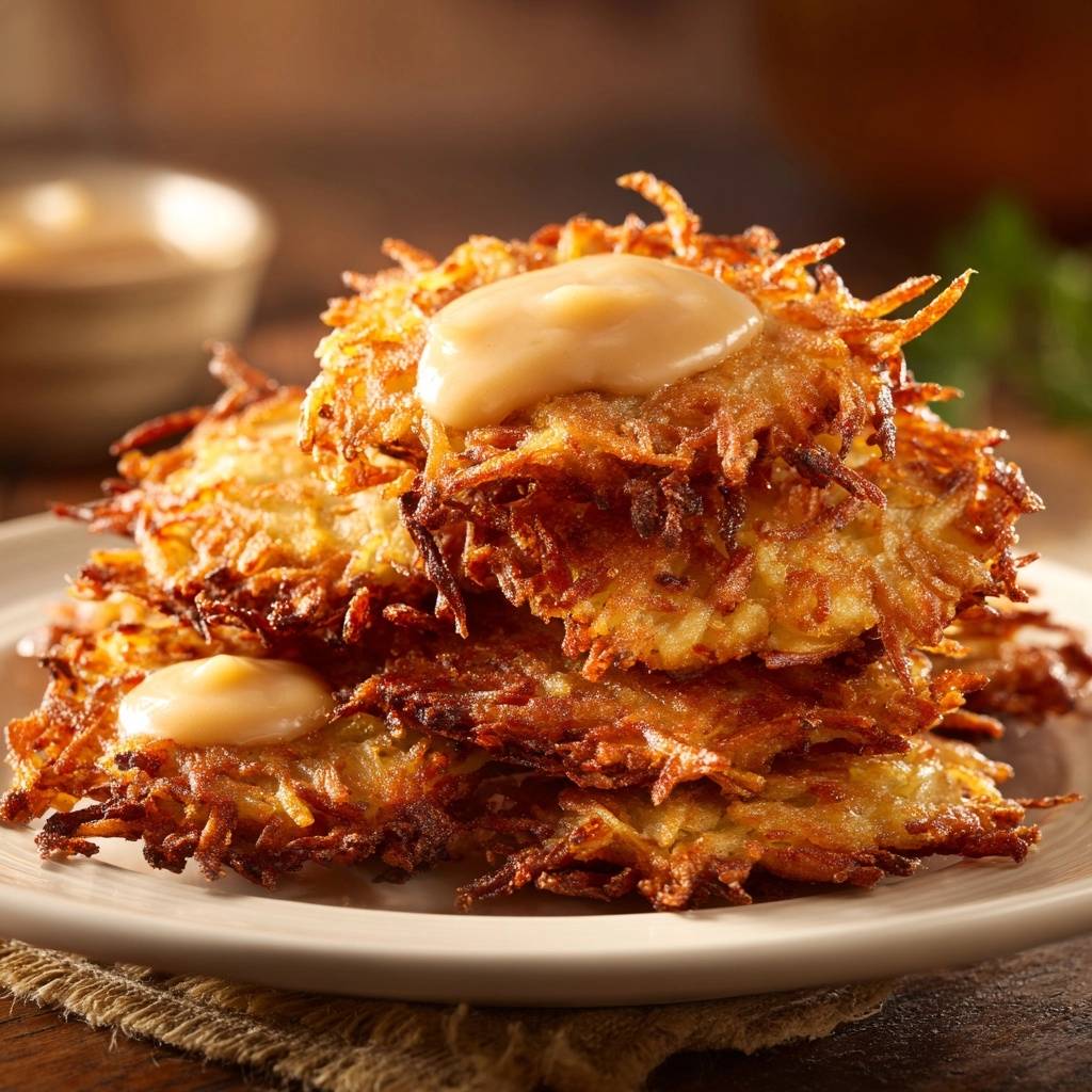 Goldbraune Kartoffelpuffer mit einem Klecks heller Sauce obendrauf, die die knusprige Textur zeigt.