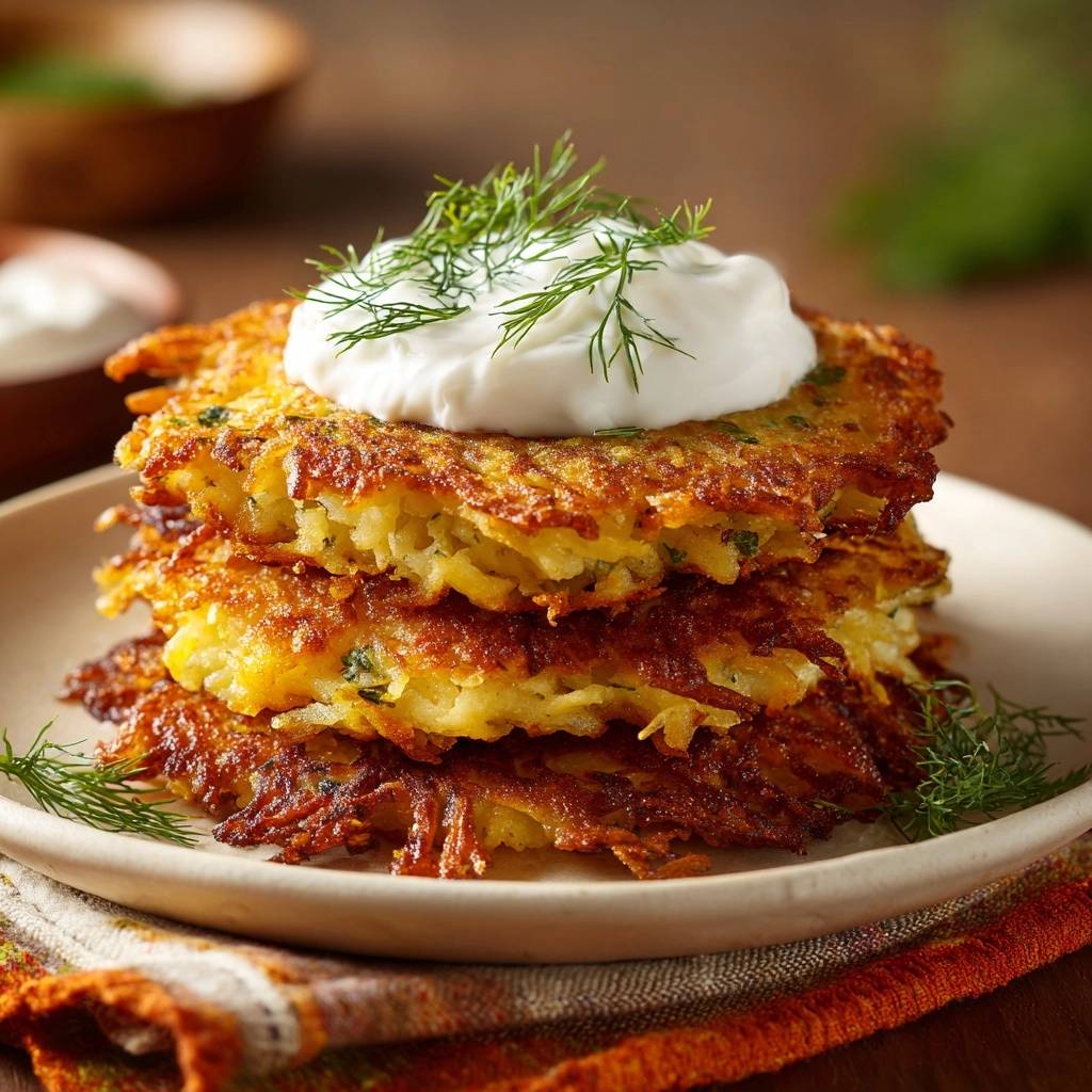 Goldbraune Kartoffelpuffer mit Sauerrahm und Dill garniert, ein knuspriger Stapel auf einem Teller.