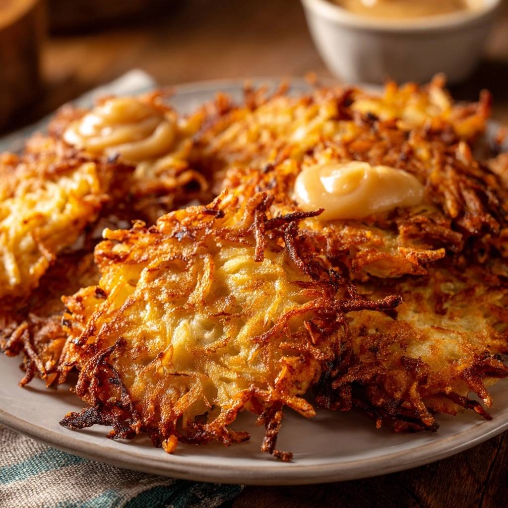 Goldbraune Kartoffelpuffer mit Butter-Topping, fotografiert in einer Nahaufnahme mit Fokus auf die knusprige Textur.