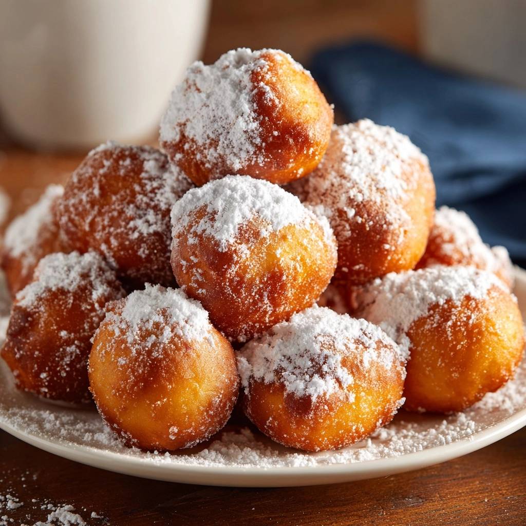 Goldbraune Quarkbällchen mit Puderzucker bestäubt, die nach dem Backen auf einem Teller liegen.
