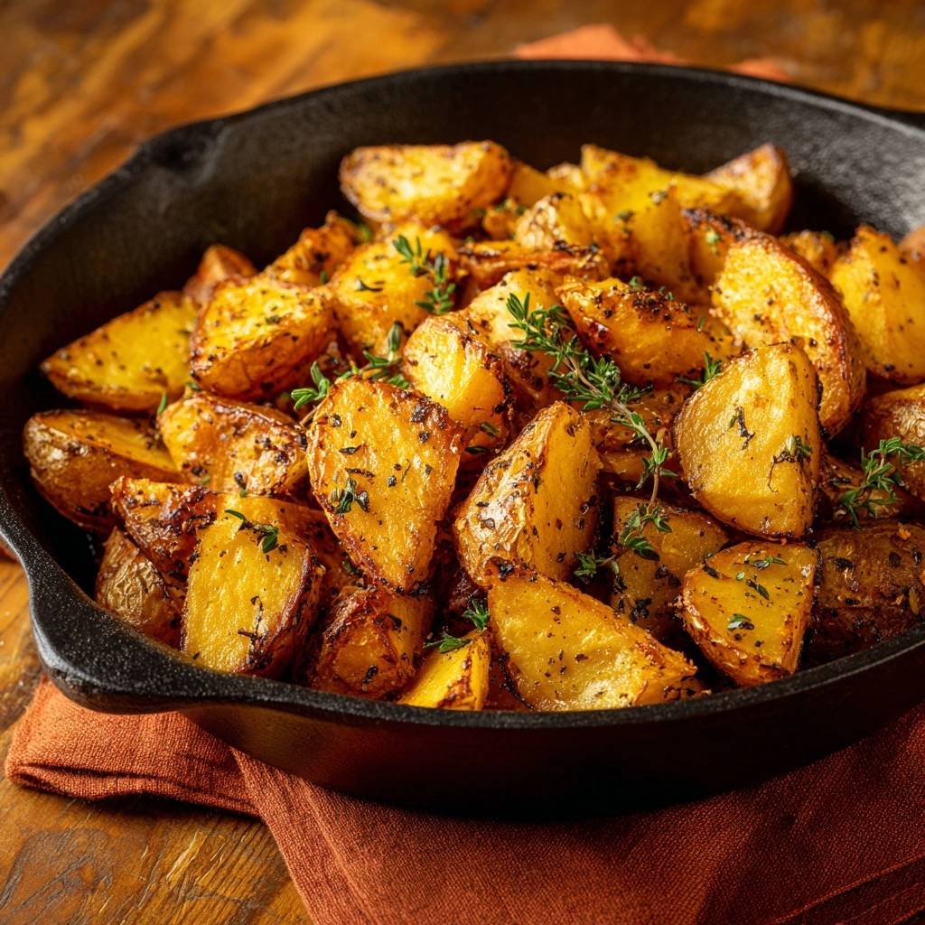 Goldbraune Rosmarin-Bratkartoffeln in der Pfanne, knusprig gebacken und mit frischen Kräutern garniert, Nahaufnahme.