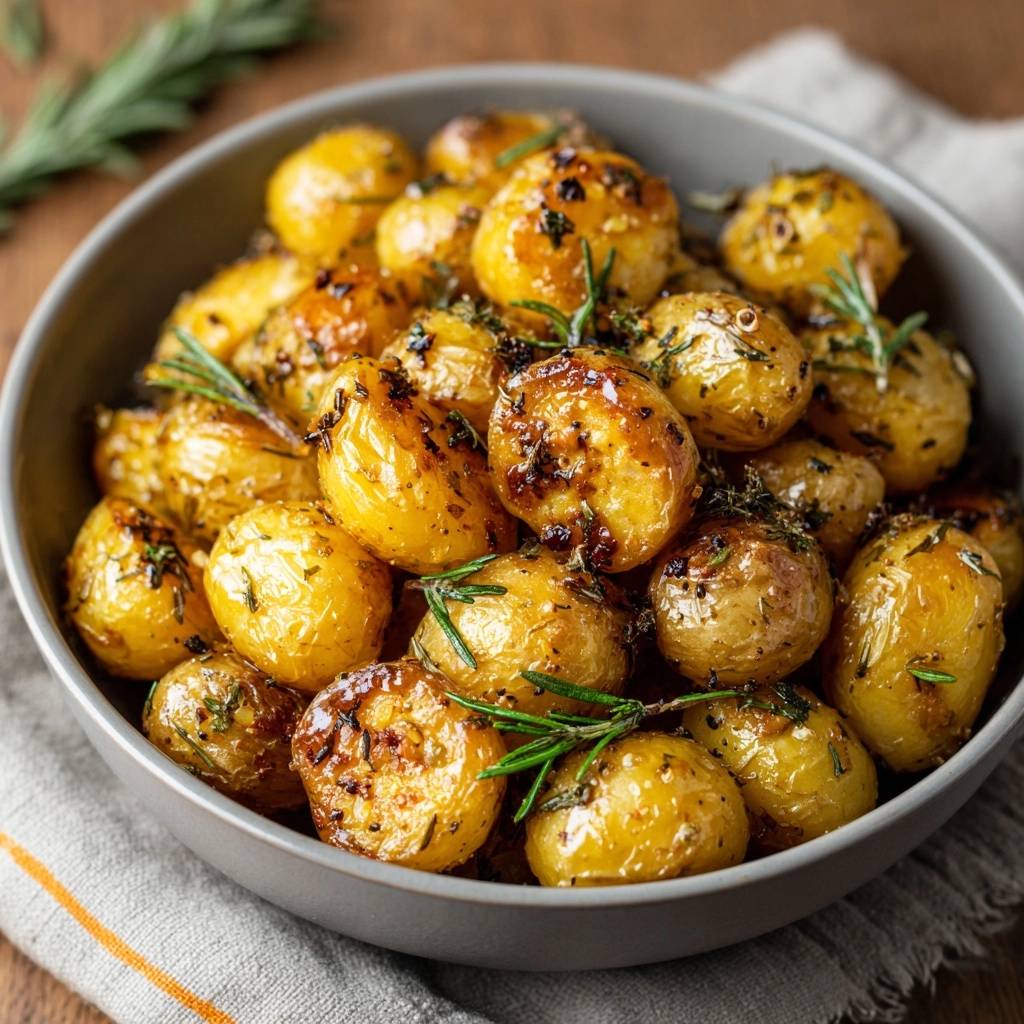 Goldbraune Rosmarinkartoffeln, detailreich mit frischen Kräutern und glänzender Oberfläche garniert, in einer Schüssel serviert.