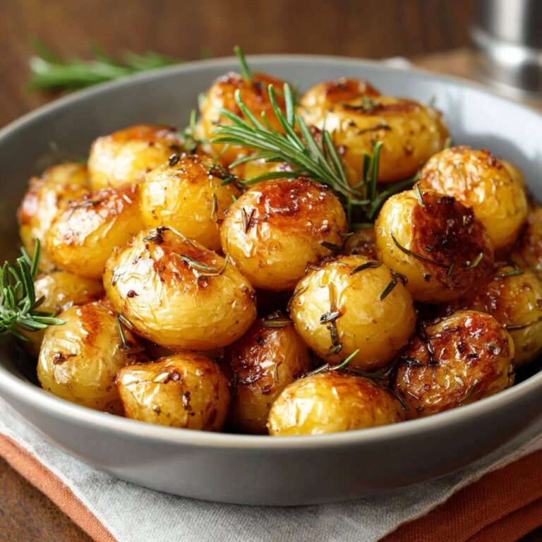 Goldbraune Rosmarinkartoffeln, nahaufnahme mit frischem Rosmarin garniert und goldbraun gebacken.