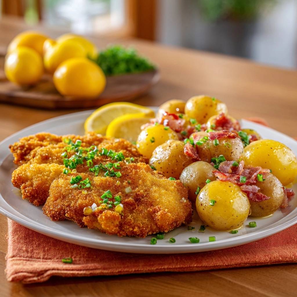 Goldbraunes Knusper-Schnitzel mit Speck-Kartoffeln, serviert auf einem Teller mit Zitrone und frischen Kräutern.