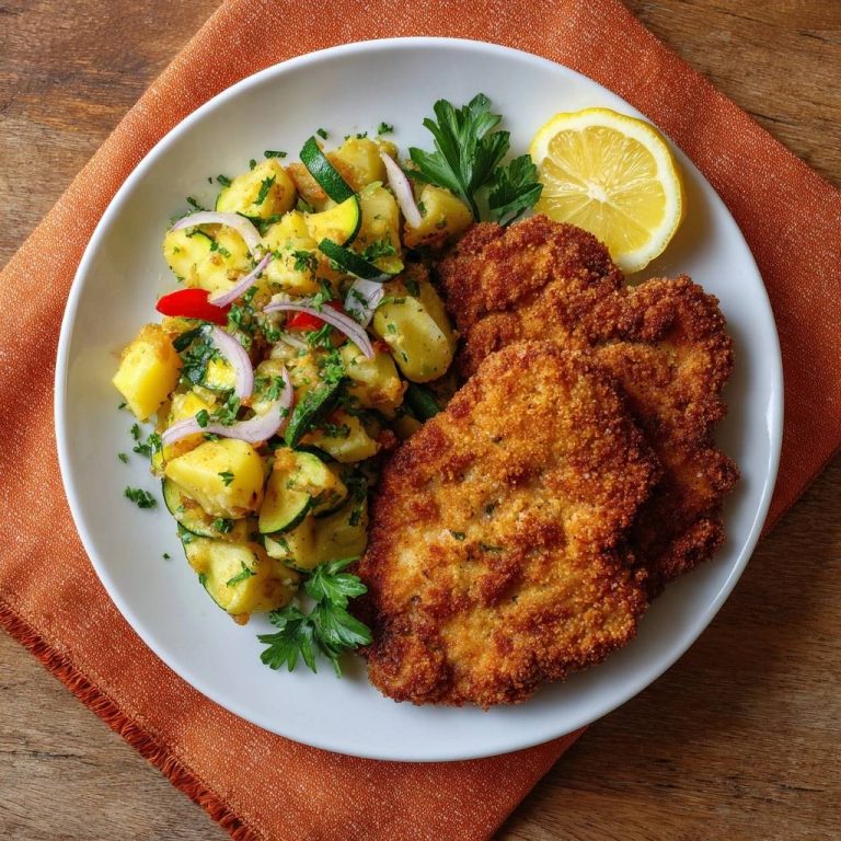 Goldbraunes Putenschnitzel mit mediterranem Kartoffelsalat, serviert auf einem weißen Teller mit Zitrone und Petersilie.