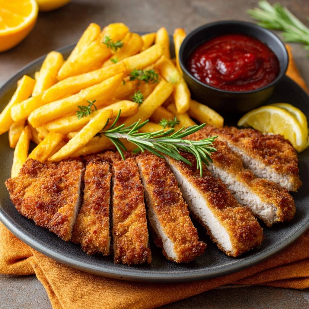Goldbraunes Knusper-Schnitzel mit Pommes, angeschnitten mit saftigem Kern und goldbrauner Panade.