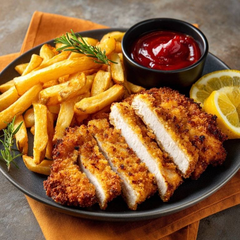 Goldbraunes Knusper-Schnitzel mit Pommes, angeschnitten und auf einem Teller mit Ketchup und Zitrone serviert.