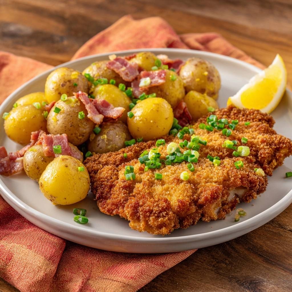Goldbraunes knusper-schnitzel mit speck-kartoffeln, garniert mit frischen frühlingszwiebeln und einem zitronenschnitz auf einem teller
