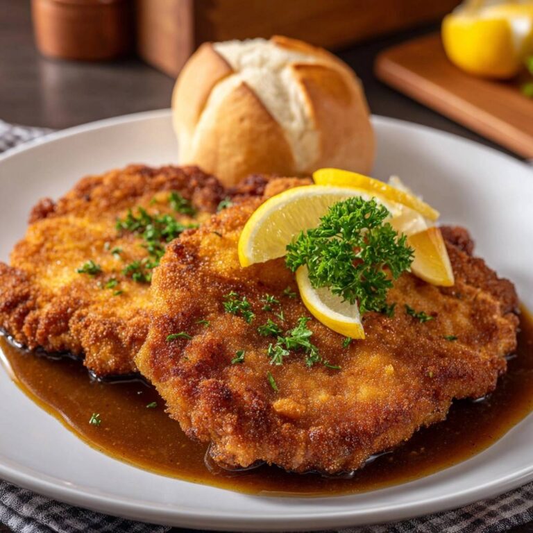 Goldbraunes Wiener Schnitzel mit Soufflier-Technik, auf einem Teller mit Zitrone und Petersilie garniert