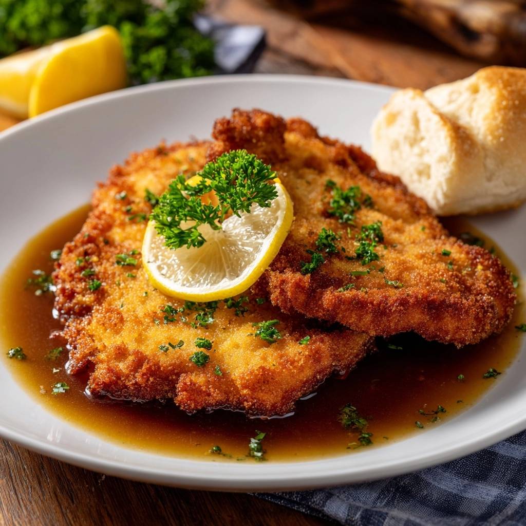 Goldbraunes Wiener Schnitzel mit Soufflier-Technik, serviert mit Zitrone und Petersilie auf einem Teller mit Sauce.