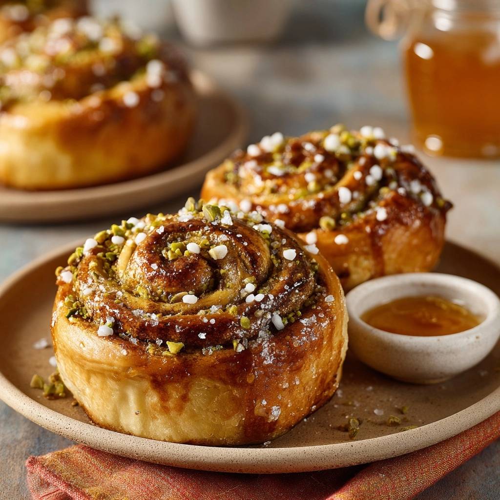 Goldene Pistazien-Honig-Schnecken, nahaufnahme der glasierten Oberfläche mit Pistazien und Zuckerkristallen garniert.