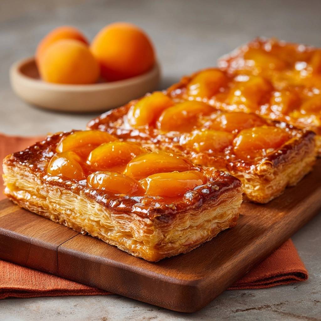 Goldgelbe Aprikosen-Blätterteig-Schnitten mit glasierten Früchten auf knusprigem Blätterteig, nahaufnahme