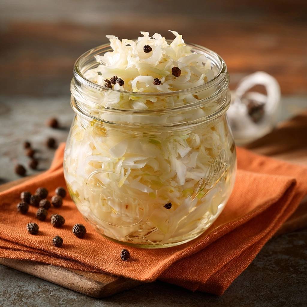 Traditionelles hausgemachtes Sauerkraut, nahaufnahme in einem Glas mit Pfefferkörnern auf einem Holzteller.