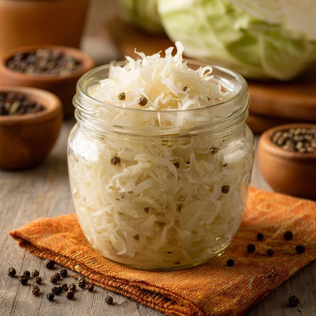 Traditionelles hausgemachtes Sauerkraut in einem Glas mit Pfefferkörnern, Nahaufnahme.
