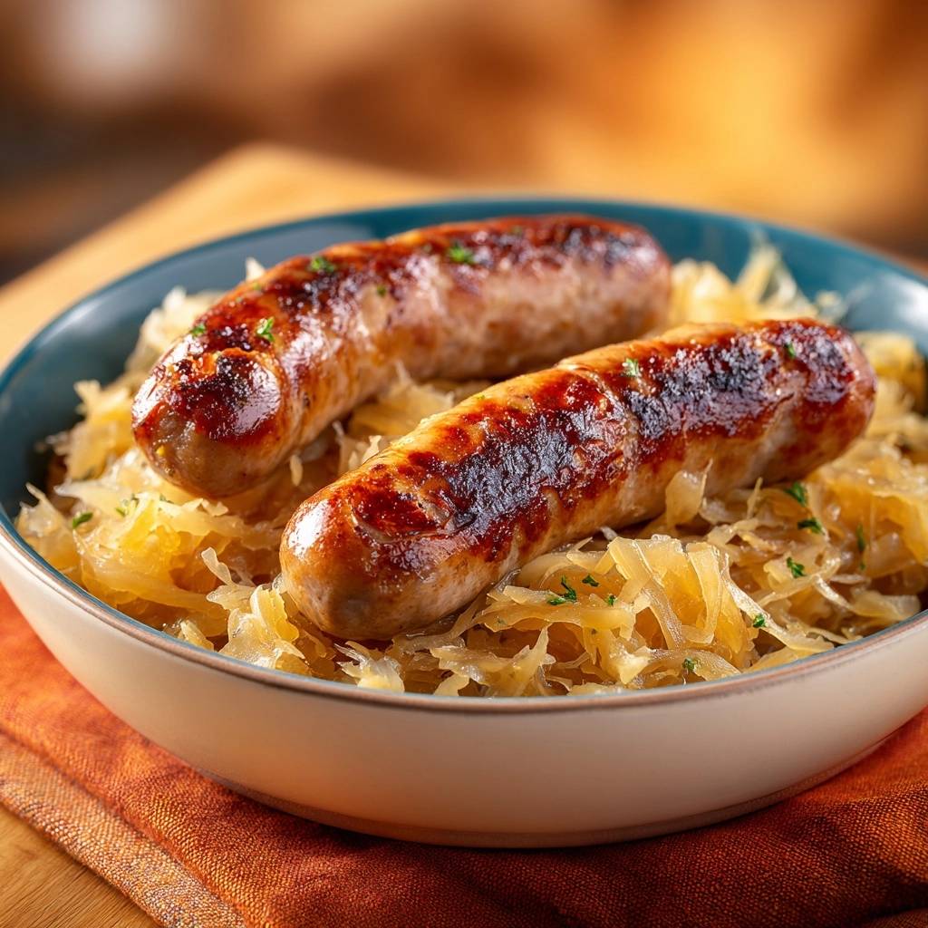 Herzhafte Bratwurst auf Sauerkraut, zwei saftige Würste werden im Detail auf dem Gericht serviert.