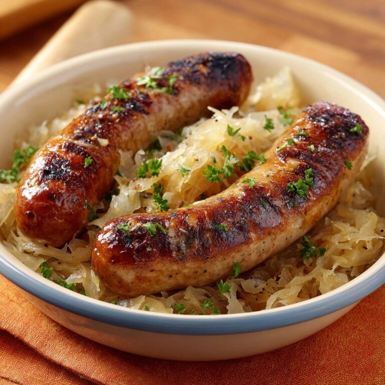Herzhafte Bratwurst auf Sauerkraut, saftig und ohne Platzen, mit Petersilie garniert, Nahaufnahme