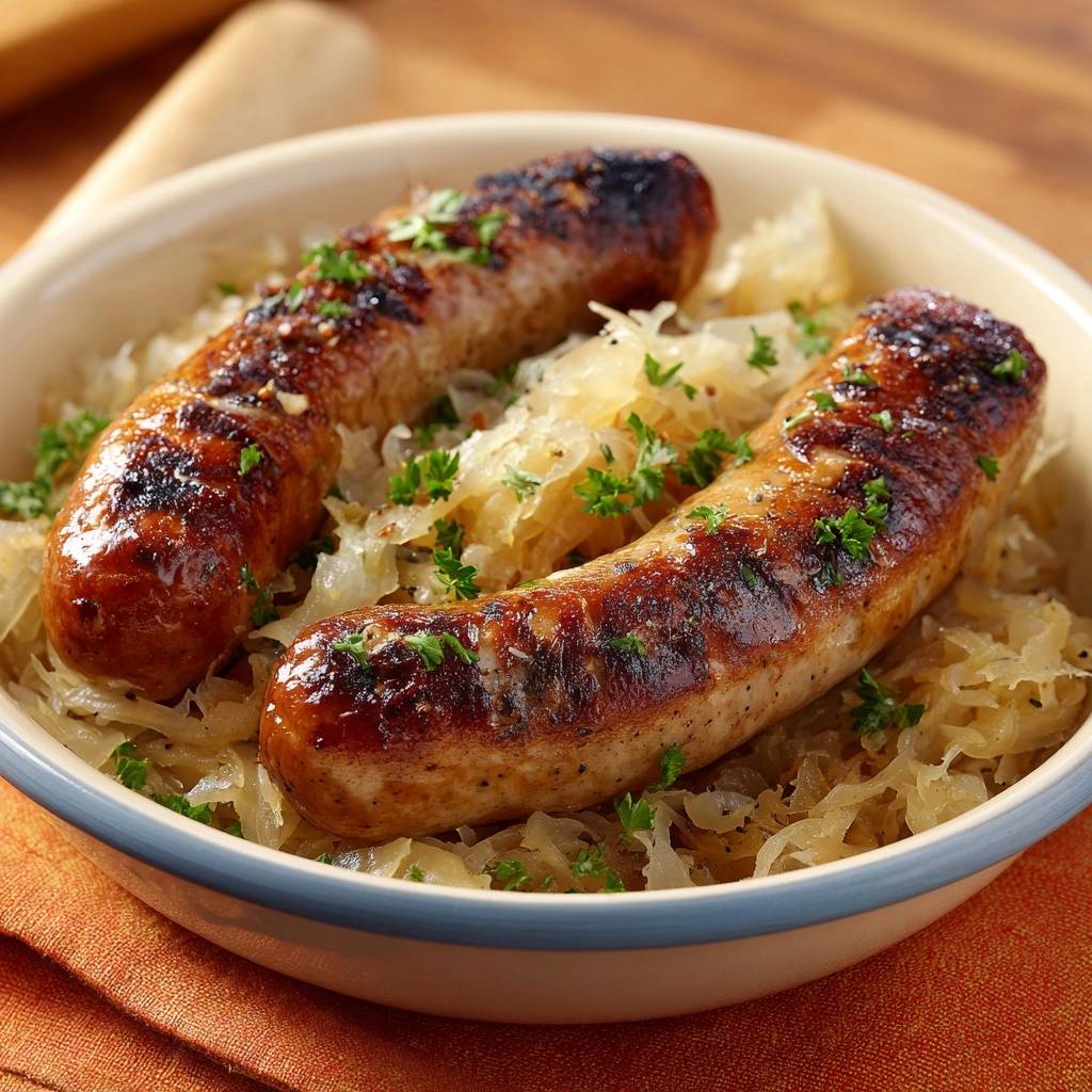 Herzhafte Bratwurst auf Sauerkraut, saftig und ohne Platzen, mit Petersilie garniert, Nahaufnahme