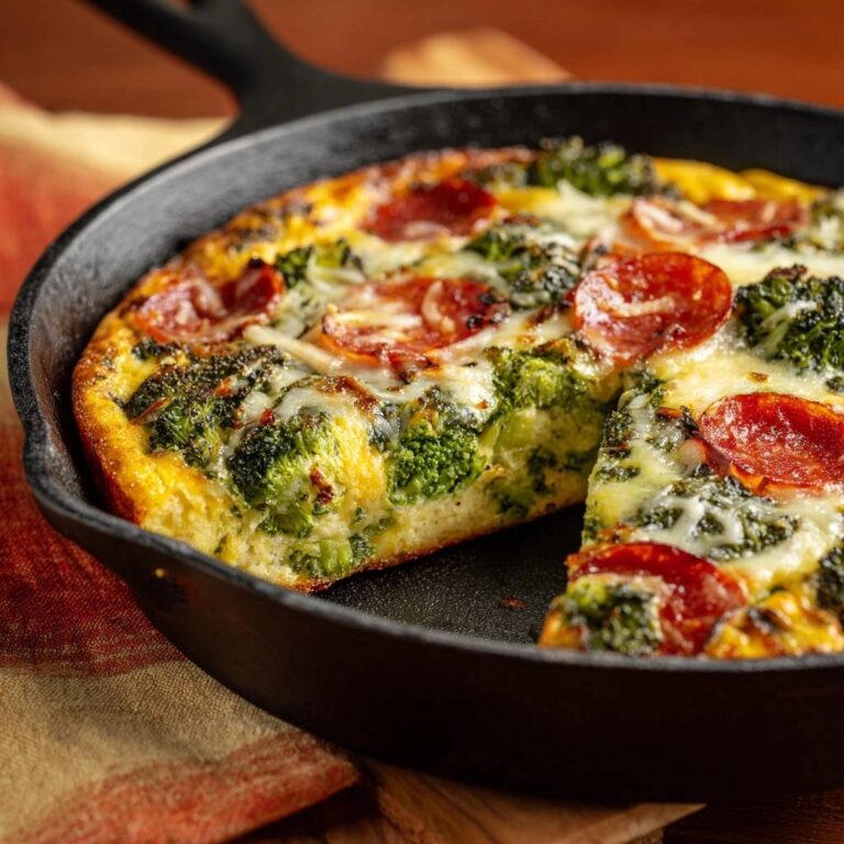 Herzhafte Brokkoli-Salami-Frittata, angeschnitten in einer Gusseisenpfanne, zeigt den geschmolzenen Käse und die Salami.