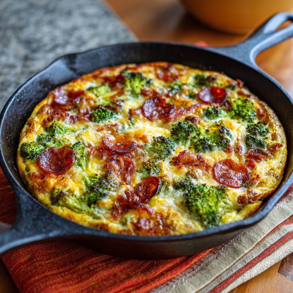 Herzhafte Brokkoli-Salami-Frittata in einer gusseisernen Pfanne, mit geschmolzenem Käse und Würstchenstücken.